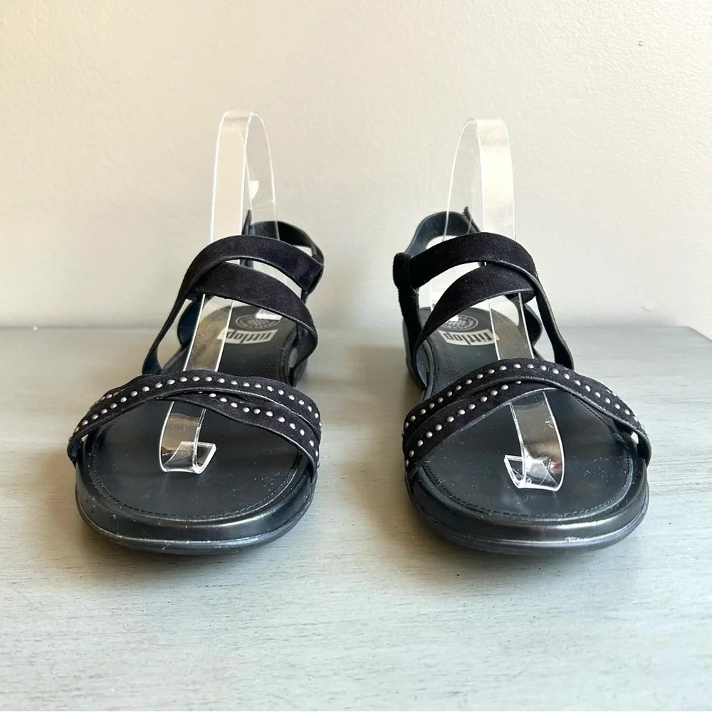 FitFlop Lumy Women Black Strappy Suede Studded Wedge Sandals Sz 8 Comfort